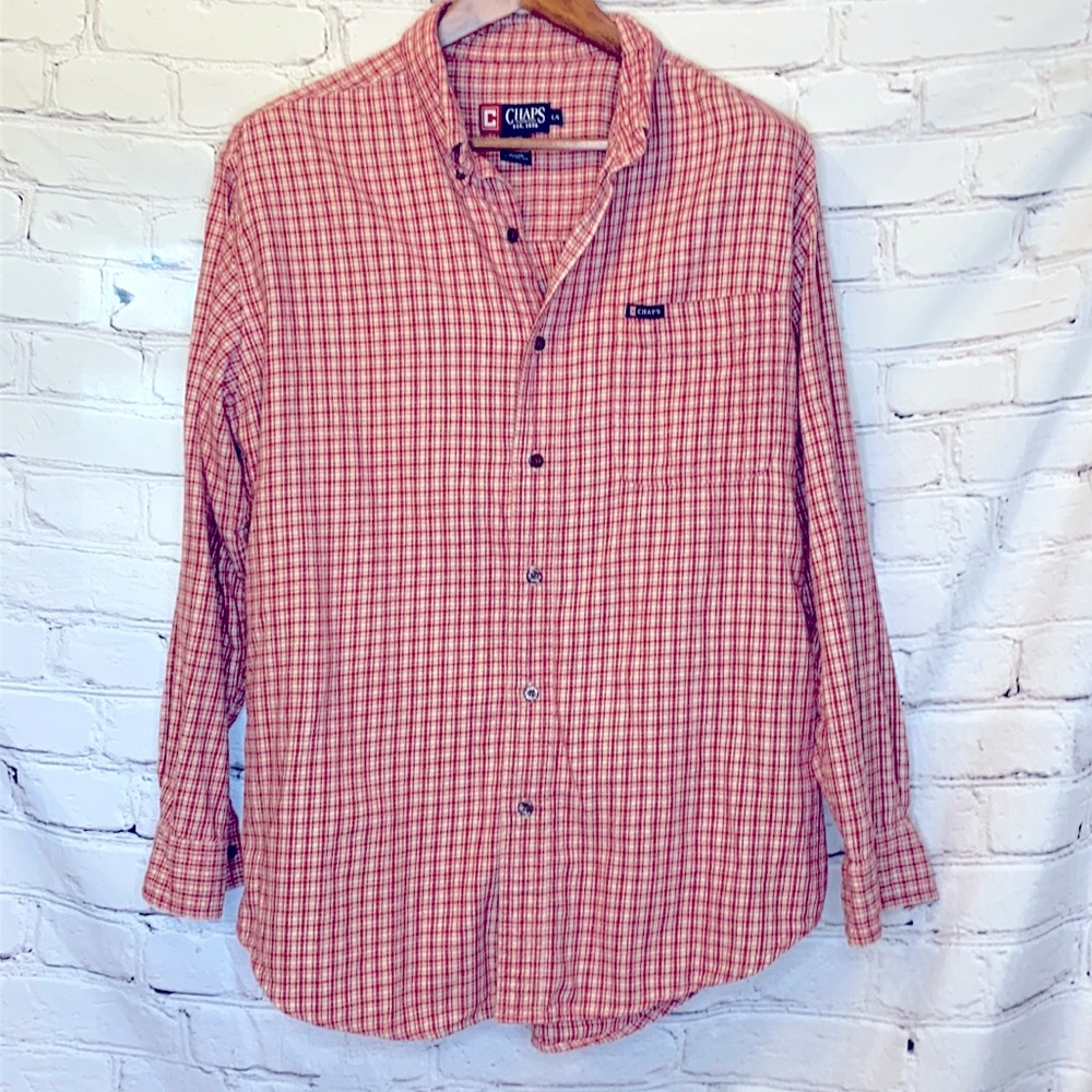 Chaps Red & White Flannel Plaid Button Down Shirt Size Large